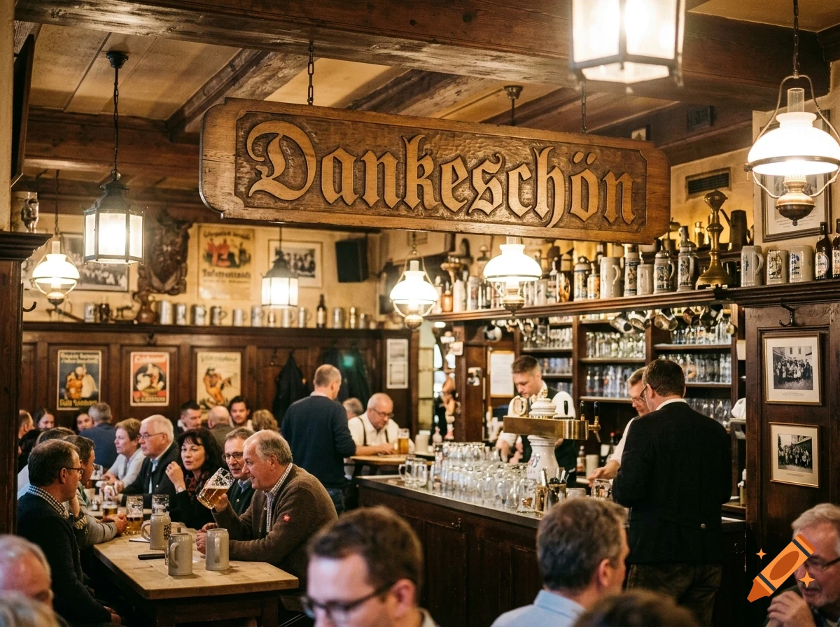 An indoor view of a traditional pub with wooden furnishings, patrons seated at tables, a bar with beer taps, and a hanging wooden sign reading "Dankeschön".
