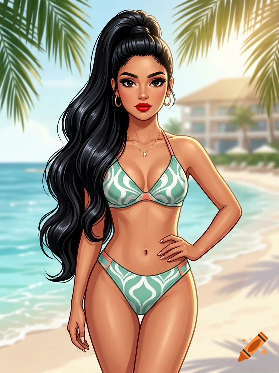 An illustrated portrait of a woman with long black hair standing on a tropical beach in a patterned bikini.