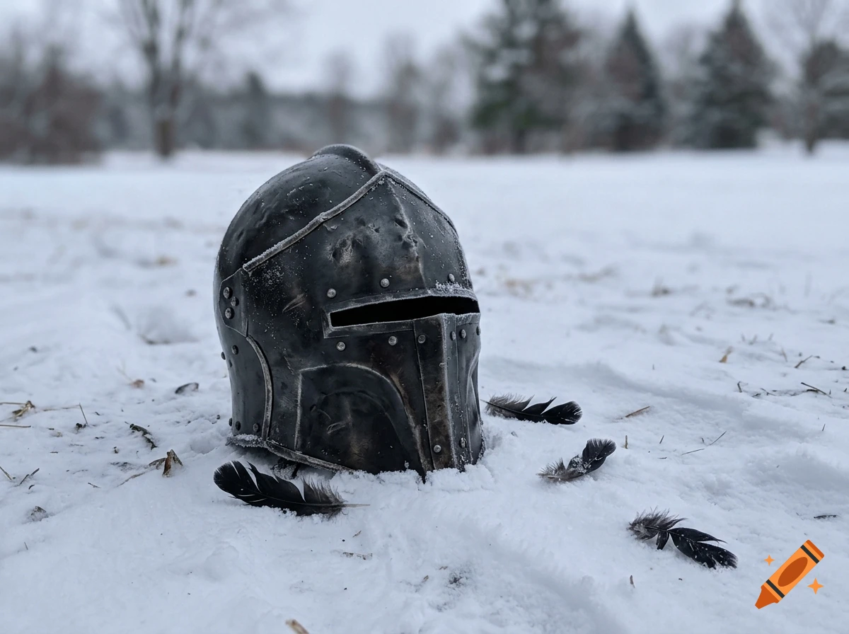 Photorealistic image of a dark metal knight helmet resting in the snow surrounded by black feathers.
