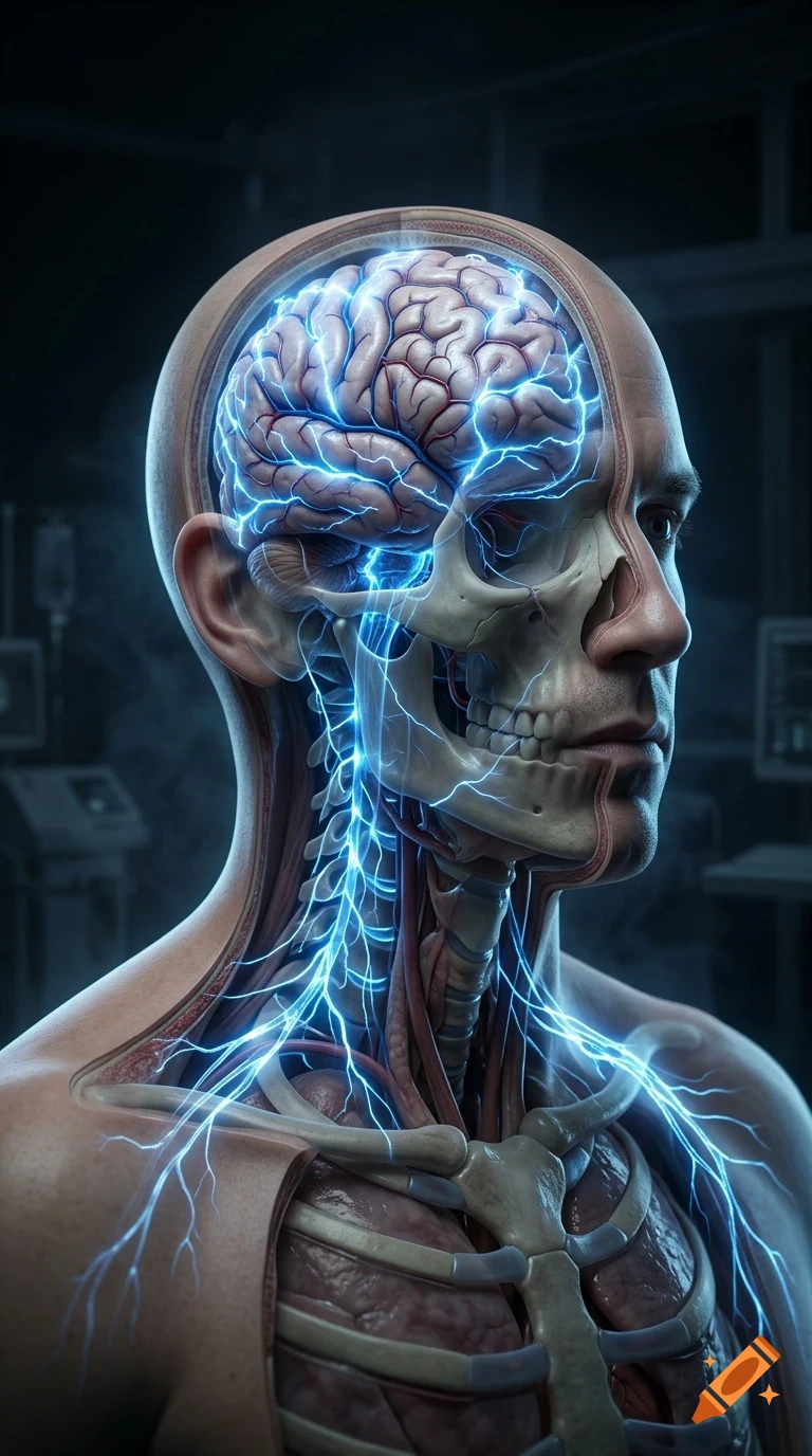 An anatomical illustration of a human head and upper torso showing the brain, skull, spine, and glowing blue nervous system pathways.