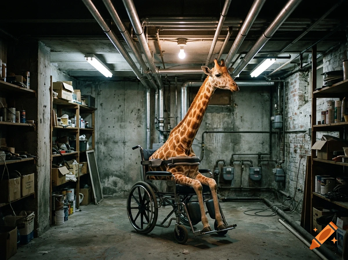 A giraffe sitting in a wheelchair inside a cluttered industrial basement with exposed pipes and shelves.