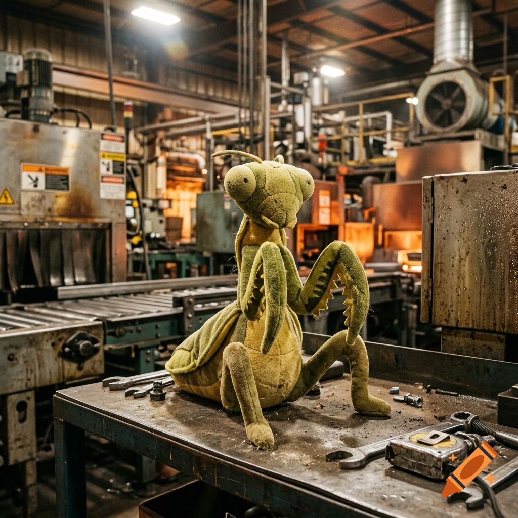 A plush praying mantis toy sits on a metal workbench inside a busy factory warehouse.