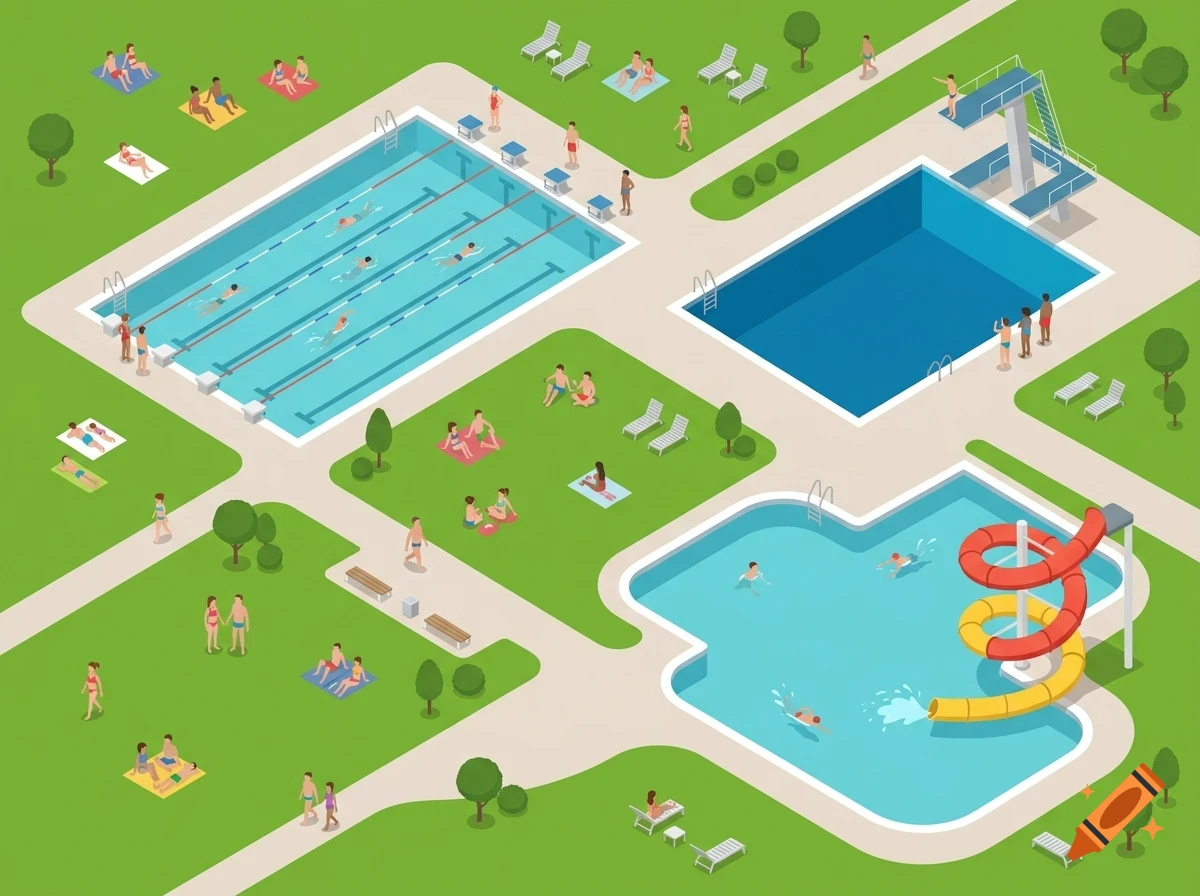 An isometric vector illustration of an outdoor swimming pool complex with multiple pools, a water slide, diving board, and people enjoying the sunny day.