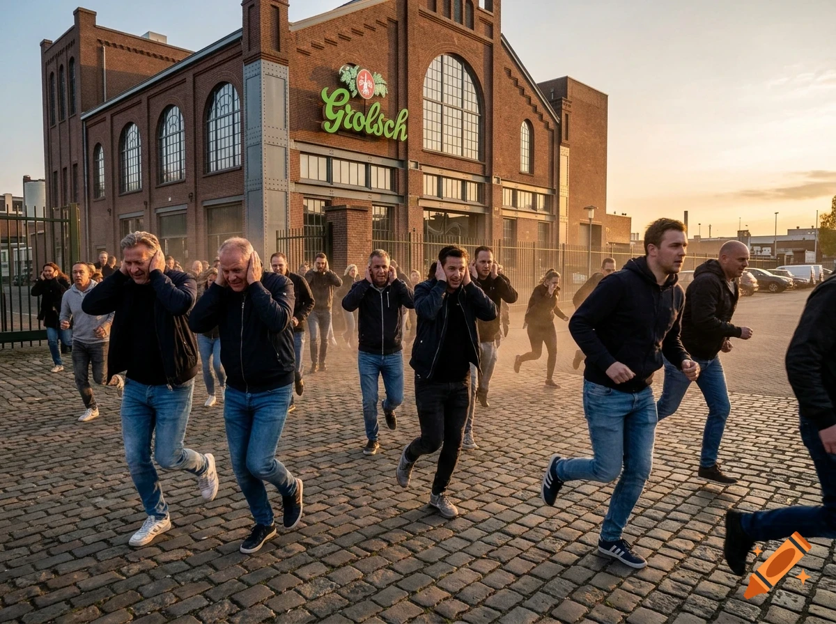 A group of men in casual clothing are running across a cobblestone square in front of a brick industrial building with Grolsch signage, holding their ears.