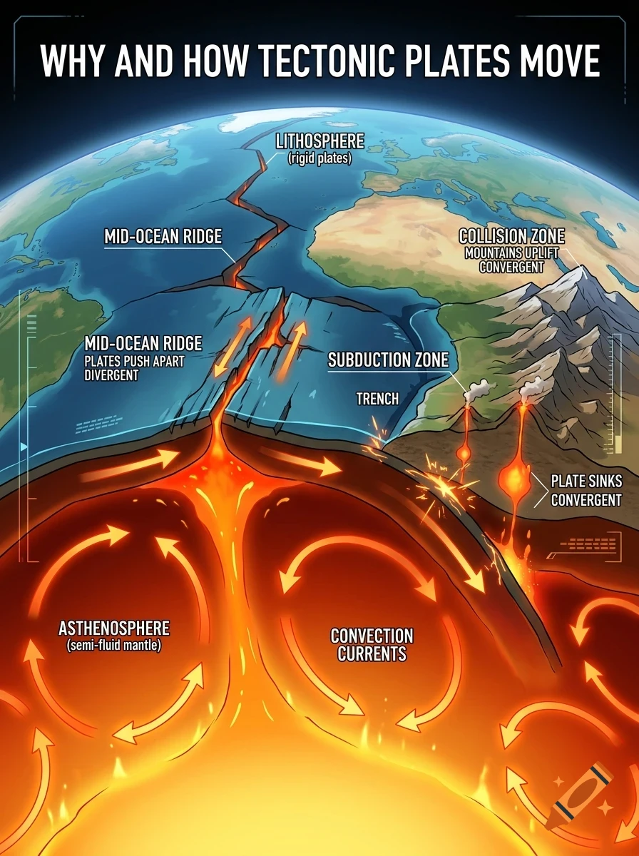 An educational diagram illustrating why and how tectonic plates move, showing Earth's layers, mid-ocean ridges, subduction zones, and convection currents.