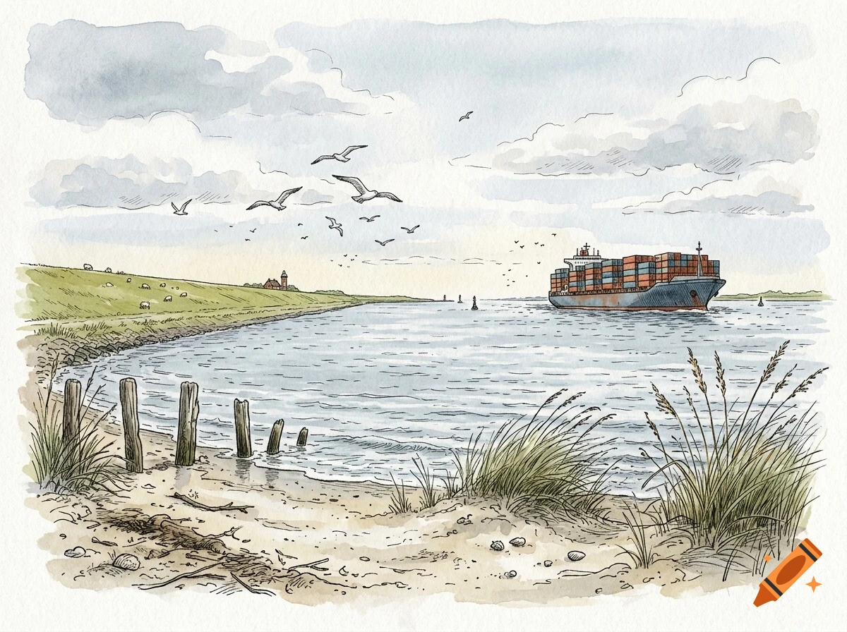 Watercolor and ink illustration of a coastal scene with a large container ship on the water, birds flying overhead, a grassy shore with wooden pilings, and sheep grazing on a distant green hill.