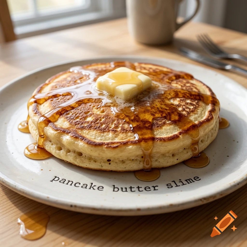 Photorealistic image of a stack of pancakes with butter and syrup on a plate, with text reading pancake butter slime.