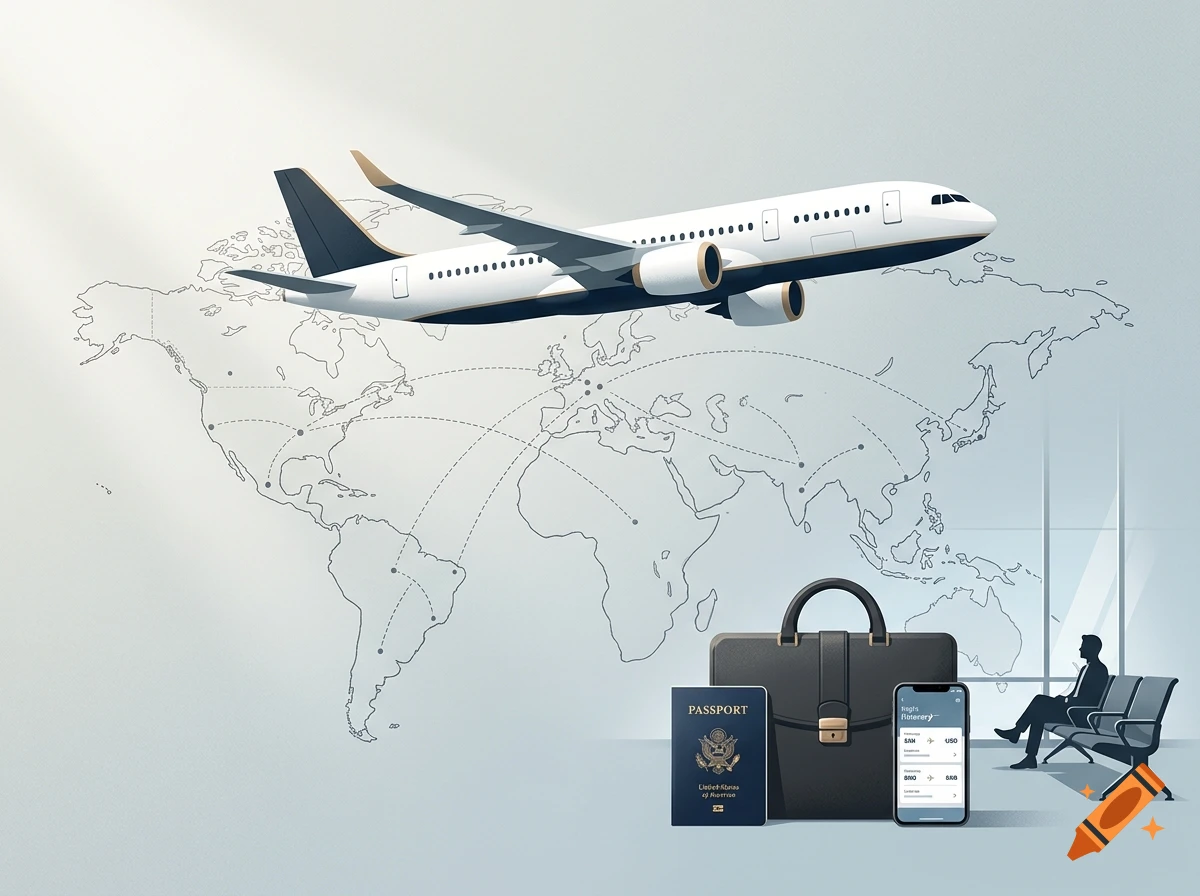 An airplane flying over a world map background, with a passport, briefcase, smartphone, and a seated traveler in an airport terminal.