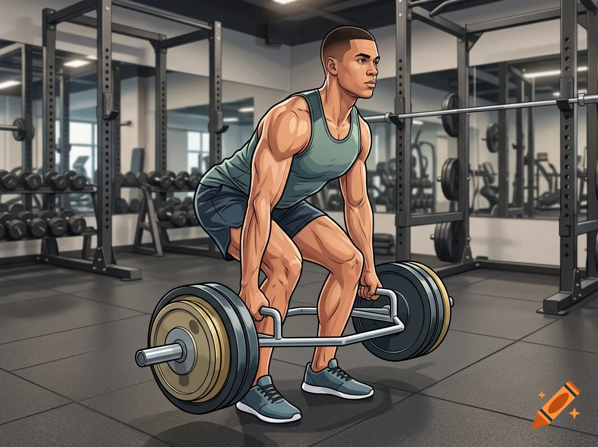 An illustrated man lifting a heavy hex bar deadlift in a gym filled with weight equipment.