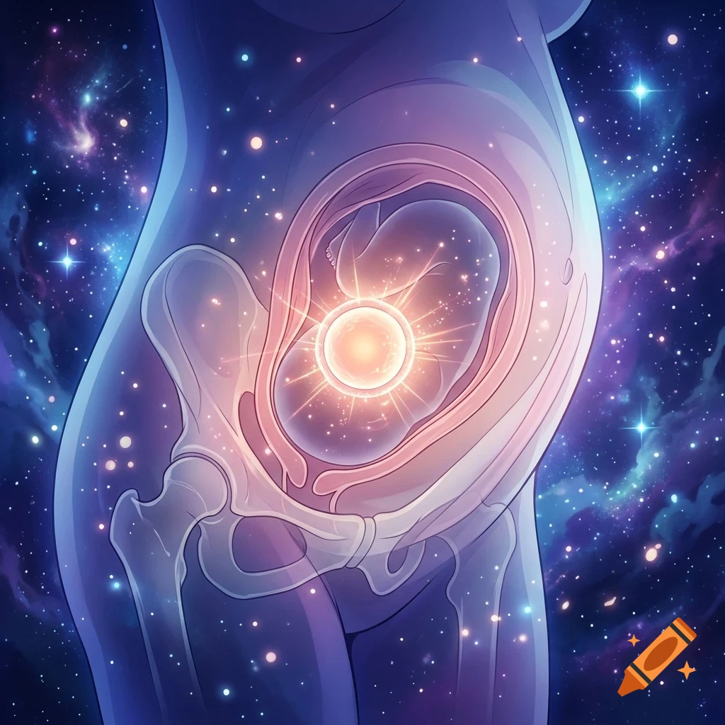 An artistic illustration of a pregnant woman's body with a glowing fetus and pelvic skeleton against a cosmic starry space background.