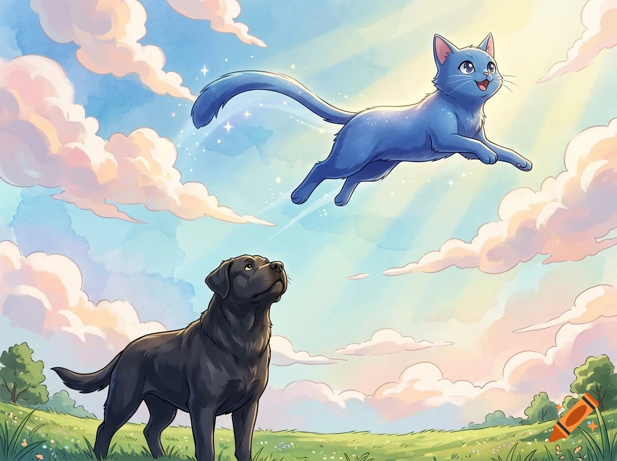 A glowing blue cat leaps through a sunny, cloudy sky while a black dog looks up from a grassy field below.