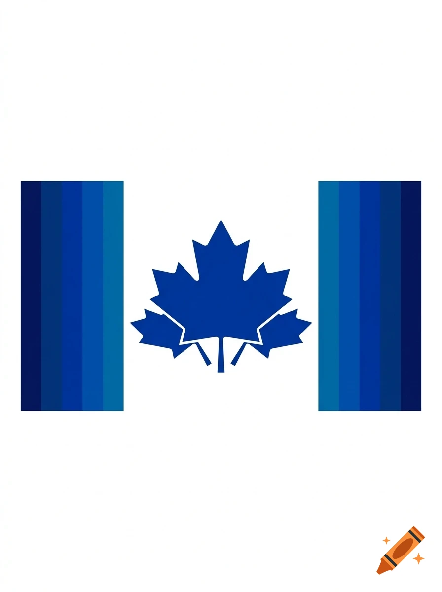A graphic design resembling the Canadian flag, rendered entirely in shades of blue with a central blue maple leaf on a white background.