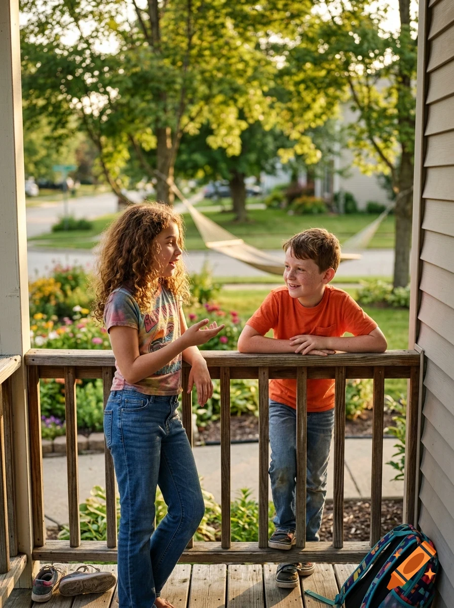 A young girl and boy talk while leaning against the wooden railing of a front porch, with a suburban street and trees in the background.