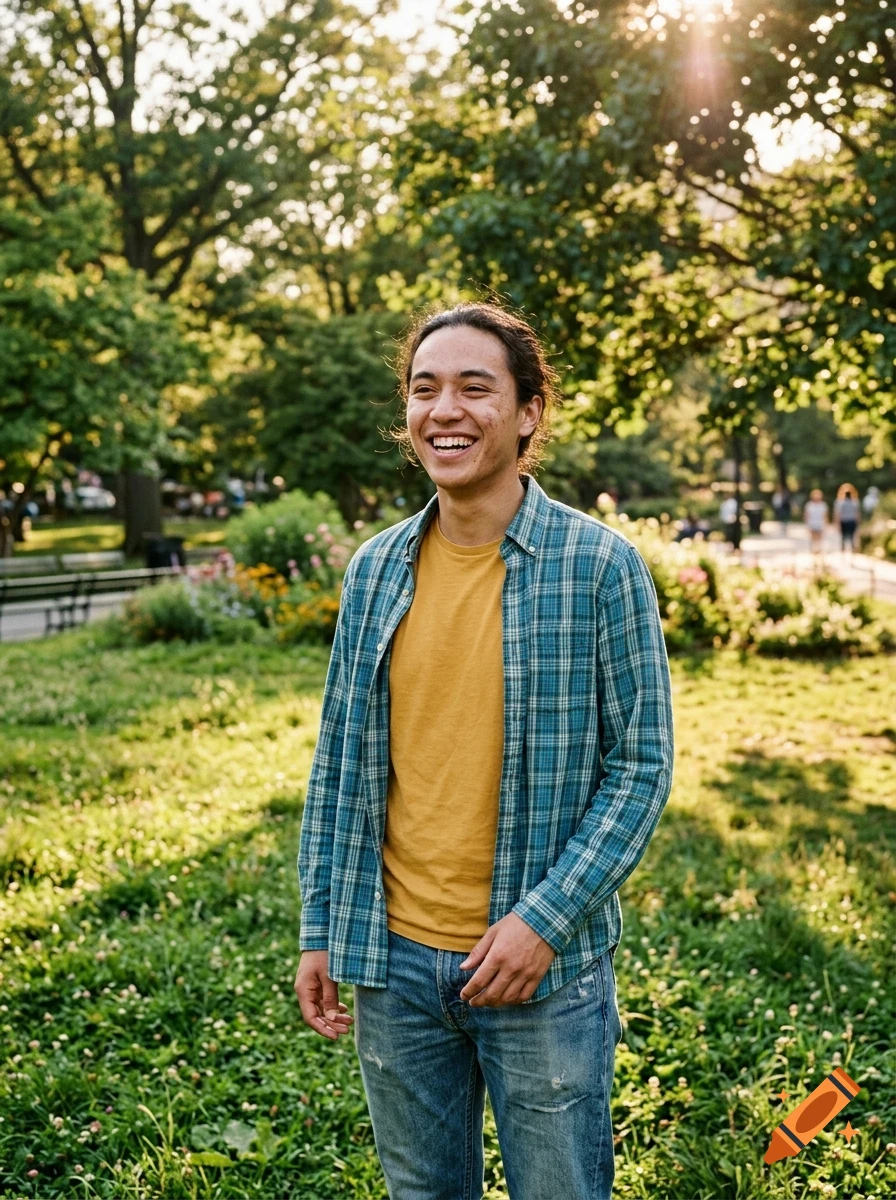 A smiling young person with long hair stands outdoors in a grassy park, wearing an unbuttoned blue plaid shirt over a yellow t-shirt and jeans.