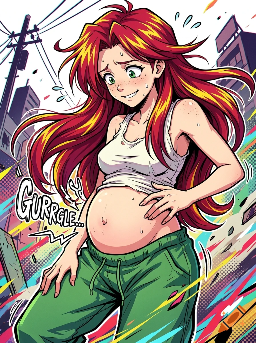 Anime style illustration of a woman with red hair and green sweatpants holding her pregnant belly in an urban setting.