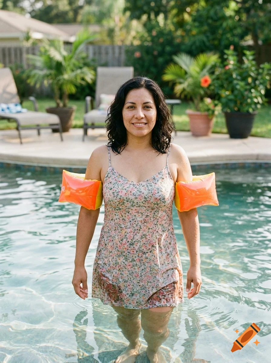 A woman wearing a floral dress and orange swim armbands stands smiling in a swimming pool.