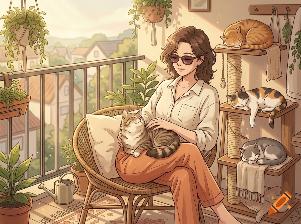 An anime-style illustration of a woman wearing sunglasses relaxing on a sunny balcony, petting a tabby cat on her lap while three other cats sleep nearby.