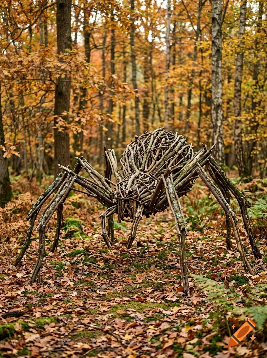 A large spider sculpture made entirely of intertwined twigs and branches, standing on a forest floor covered in autumn leaves amidst birch and oak trees.