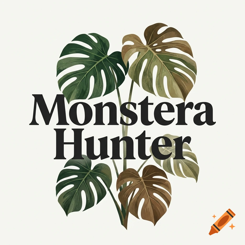 Black serif typography reading 'Monstera Hunter' overlaid on a stylized green and brown monstera deliciosa plant illustration against a white background.