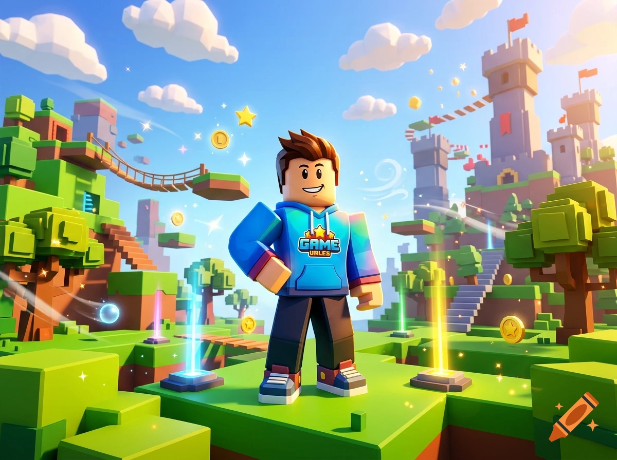 Roblox-style blocky character in a vibrant fantasy world with floating islands, castles, and a blue hoodie with garbled text.