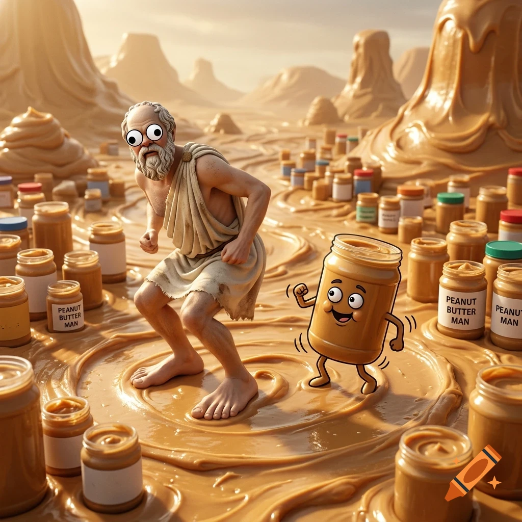 An elderly bearded man in a toga and googly eyes stands in a landscape of peanut butter alongside a cartoon peanut butter jar with arms and legs.