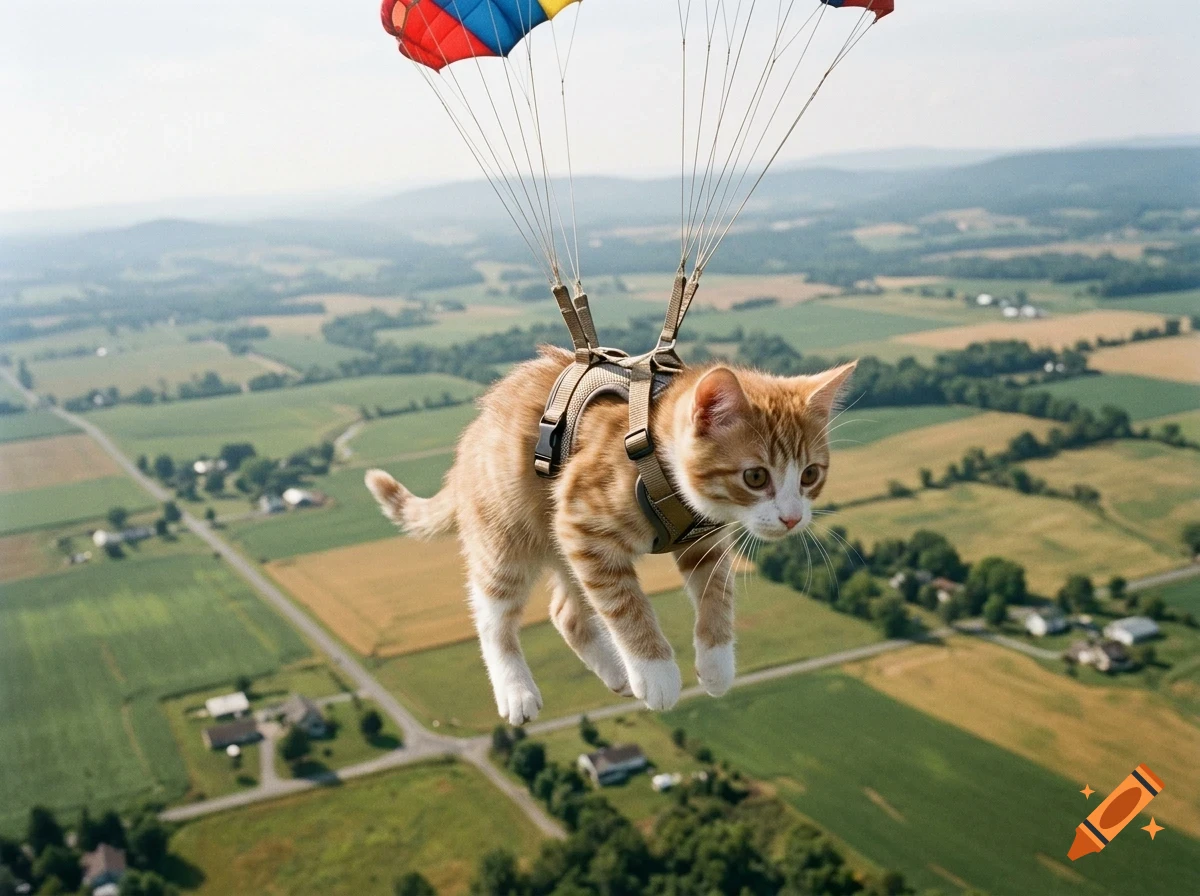 An orange and white cat wearing a harness is parachuting above a sprawling rural landscape of fields and hills.