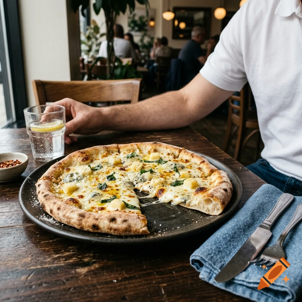 A pizza with cheese and herbs on a wooden table in a restaurant, alongside a glass of water and cutlery on a napkin.