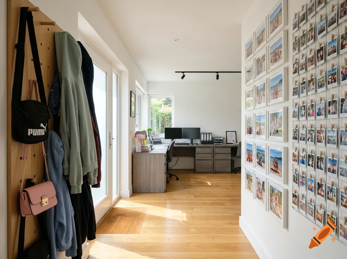Bright hallway leading to a home office, with a wooden pegboard holding coats and bags on the left, and numerous framed photos on the right wall.