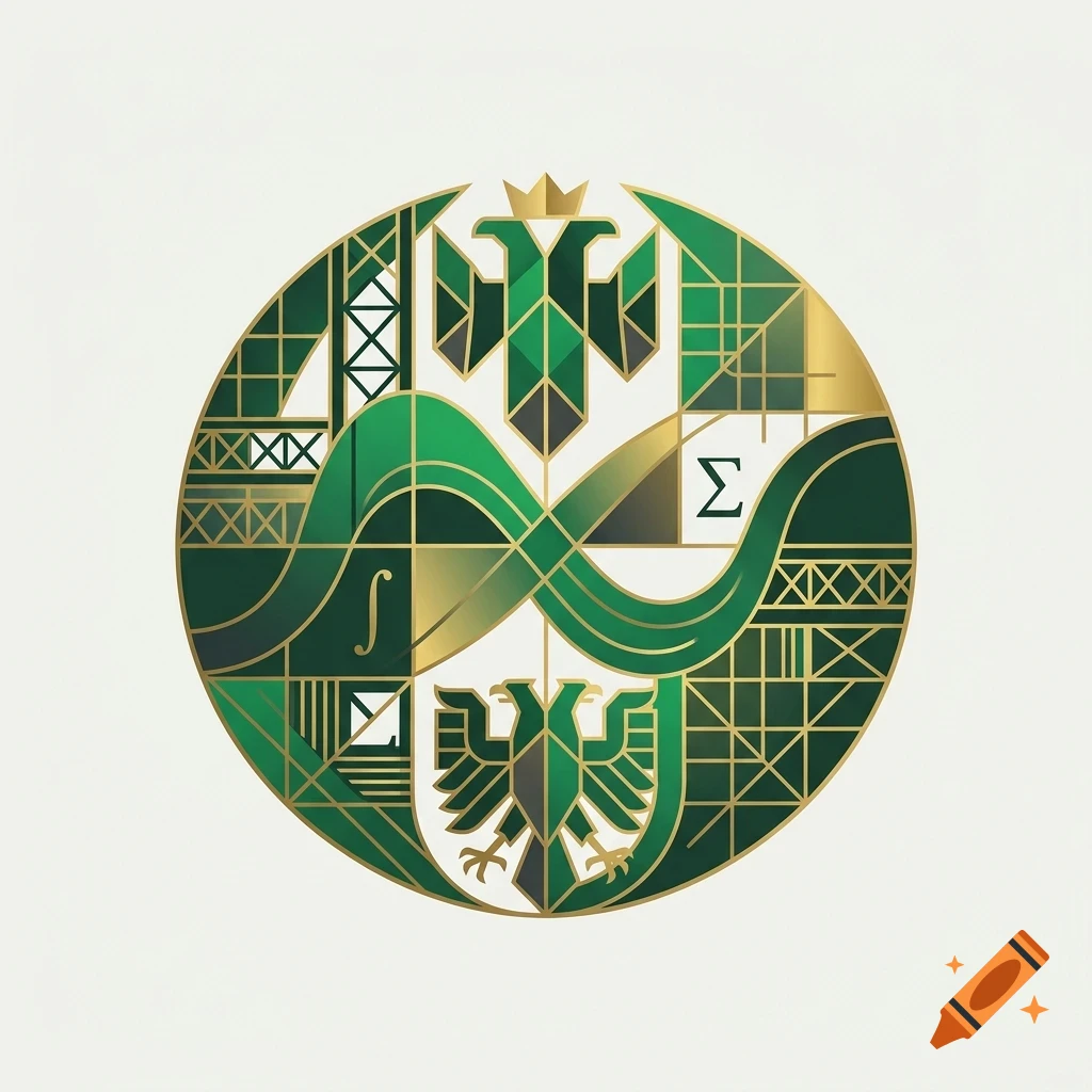 A circular green and gold emblem featuring two stylized eagles, geometric patterns, mathematical symbols, and an infinity-like wave design.
