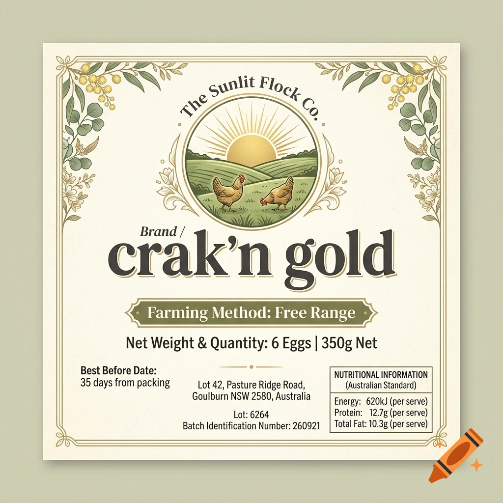 Vintage style egg carton label for crak n gold free range eggs with a sunrise and two chickens illustration.