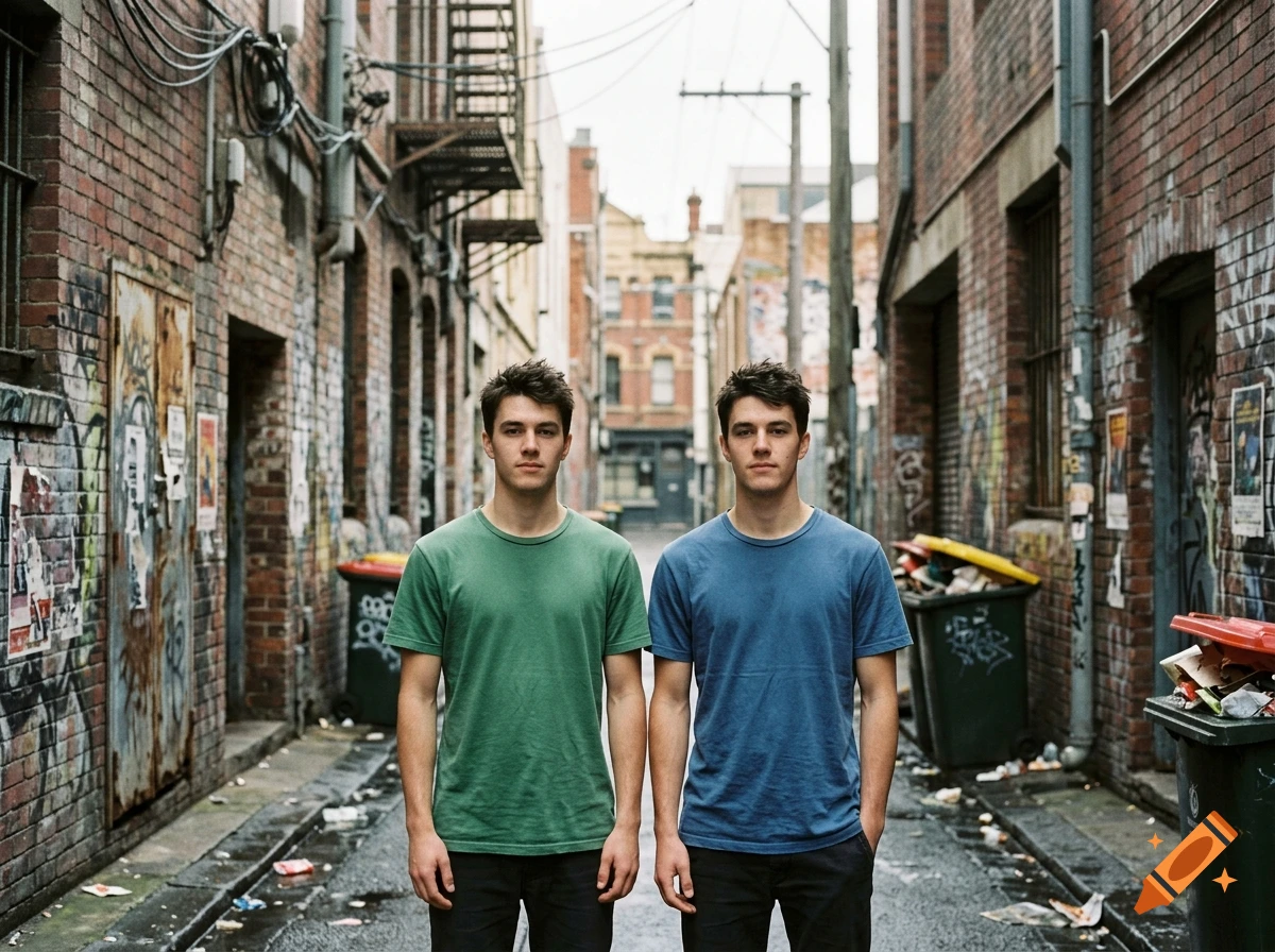 Photorealistic shot of two young twin boys standing in a narrow urban alleyway with brick walls and trash bins.