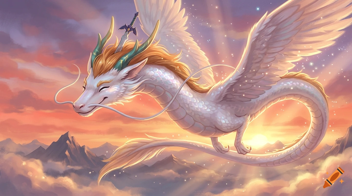 Digital painting of a cute white winged dragon flying through a sunset sky with mountains below.
