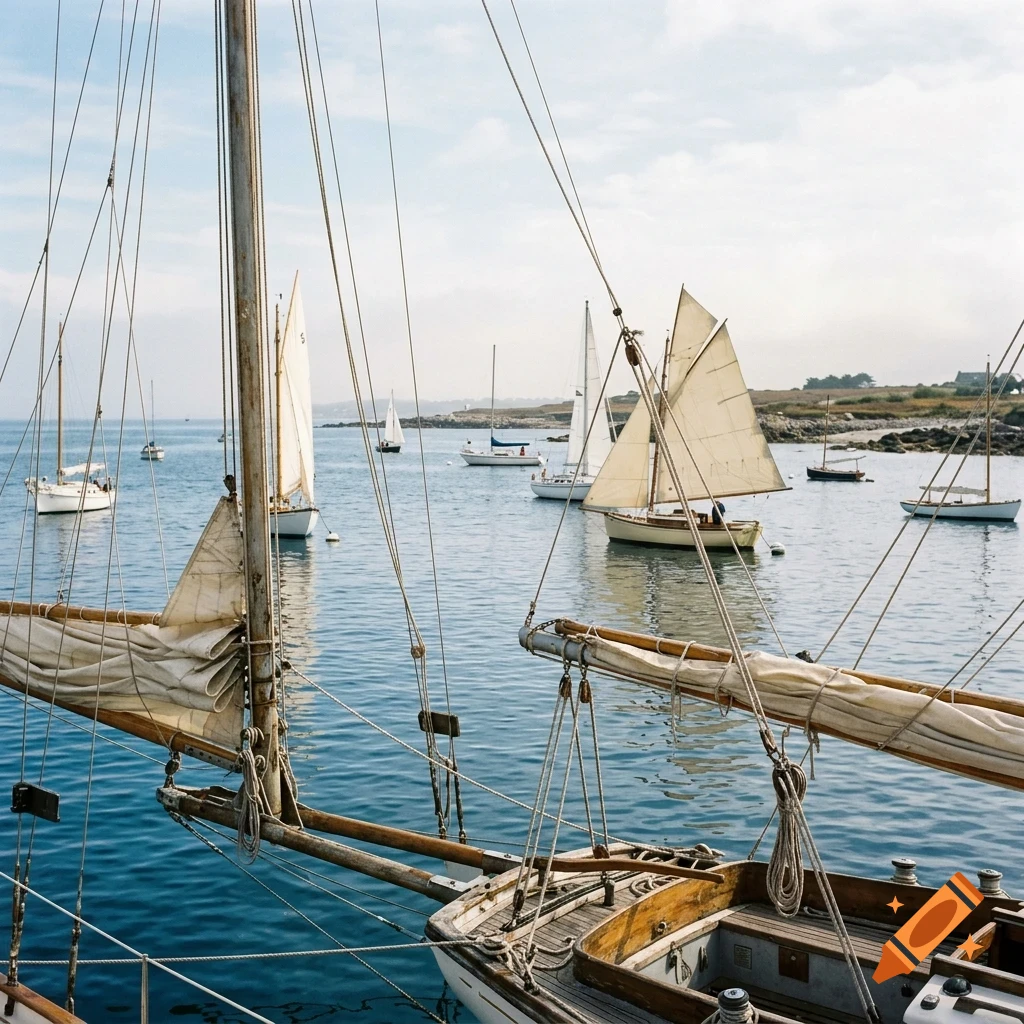 Several sailboats and traditional vessels anchored and sailing in calm coastal waters on a bright day.