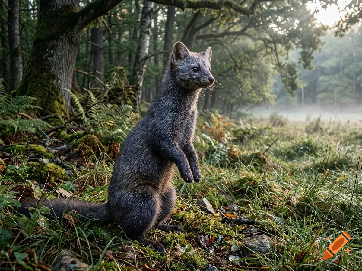 A marten stands upright on its hind legs in a misty forest filled with trees and ferns.