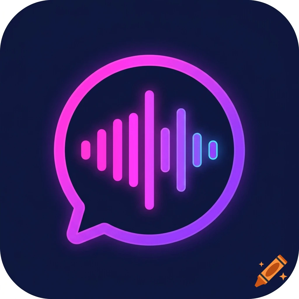 Neon pink and purple audio waveform inside a speech bubble on a dark navy blue background, vector style app icon.