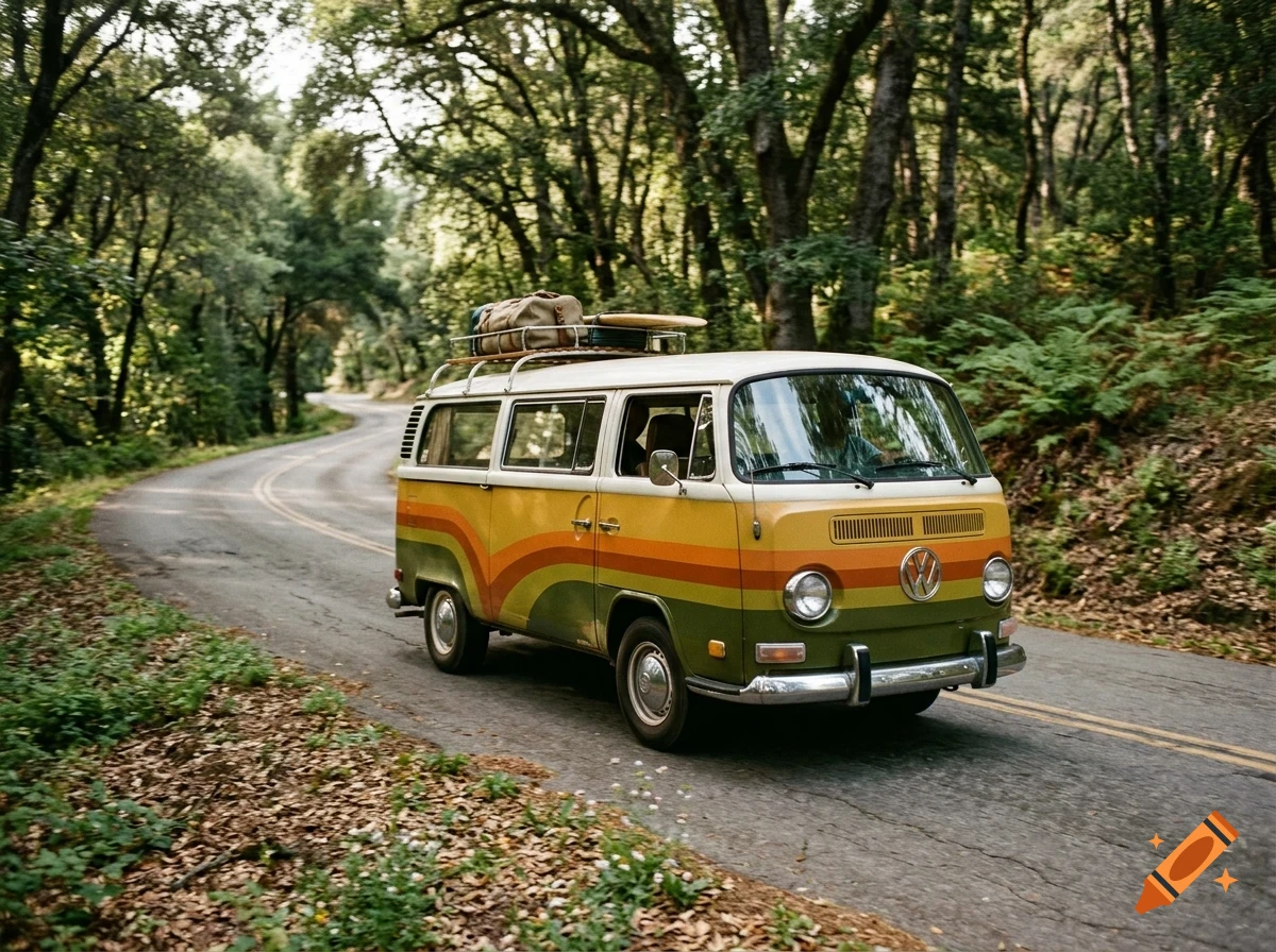 A vintage Volkswagen camper van driving down a winding road through a dense forest.