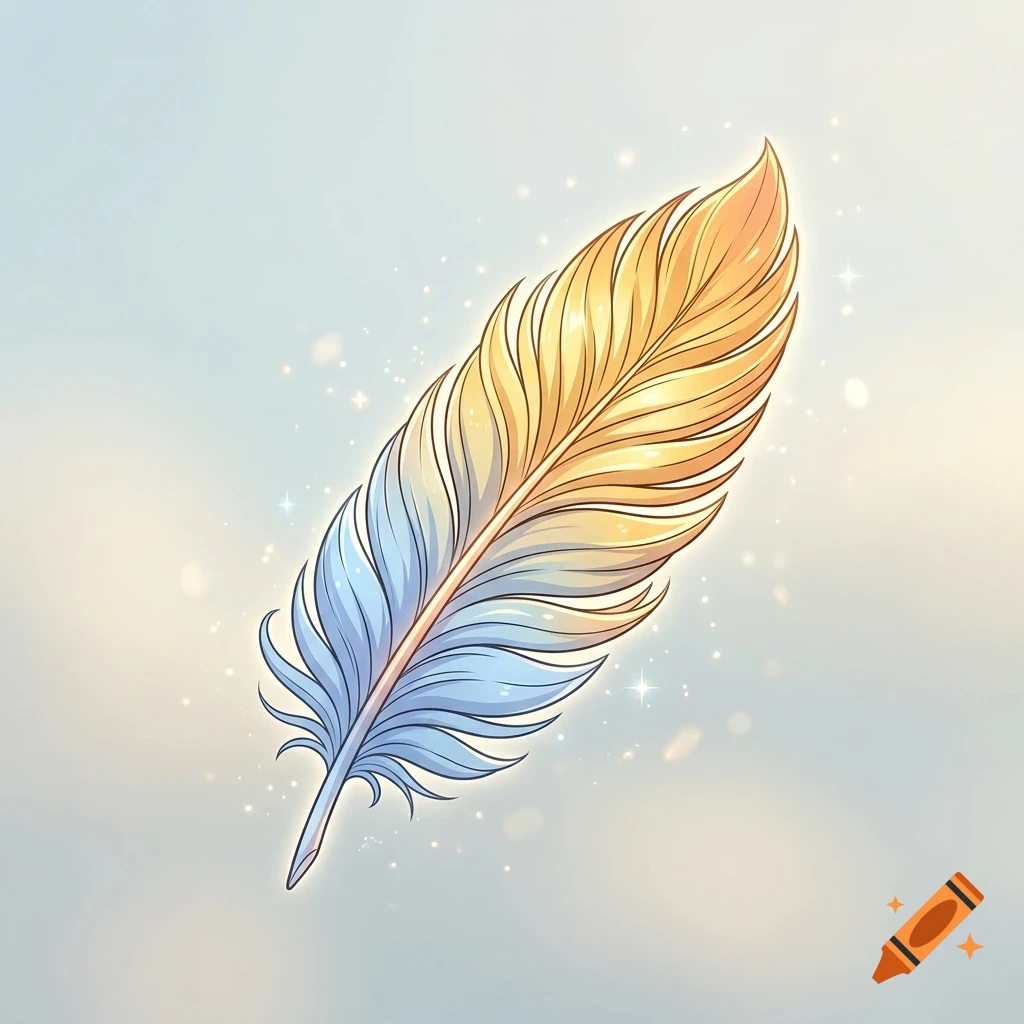 An illustration of a glowing feather with a blue base and yellow-orange tip, surrounded by sparkling lights against a soft background.