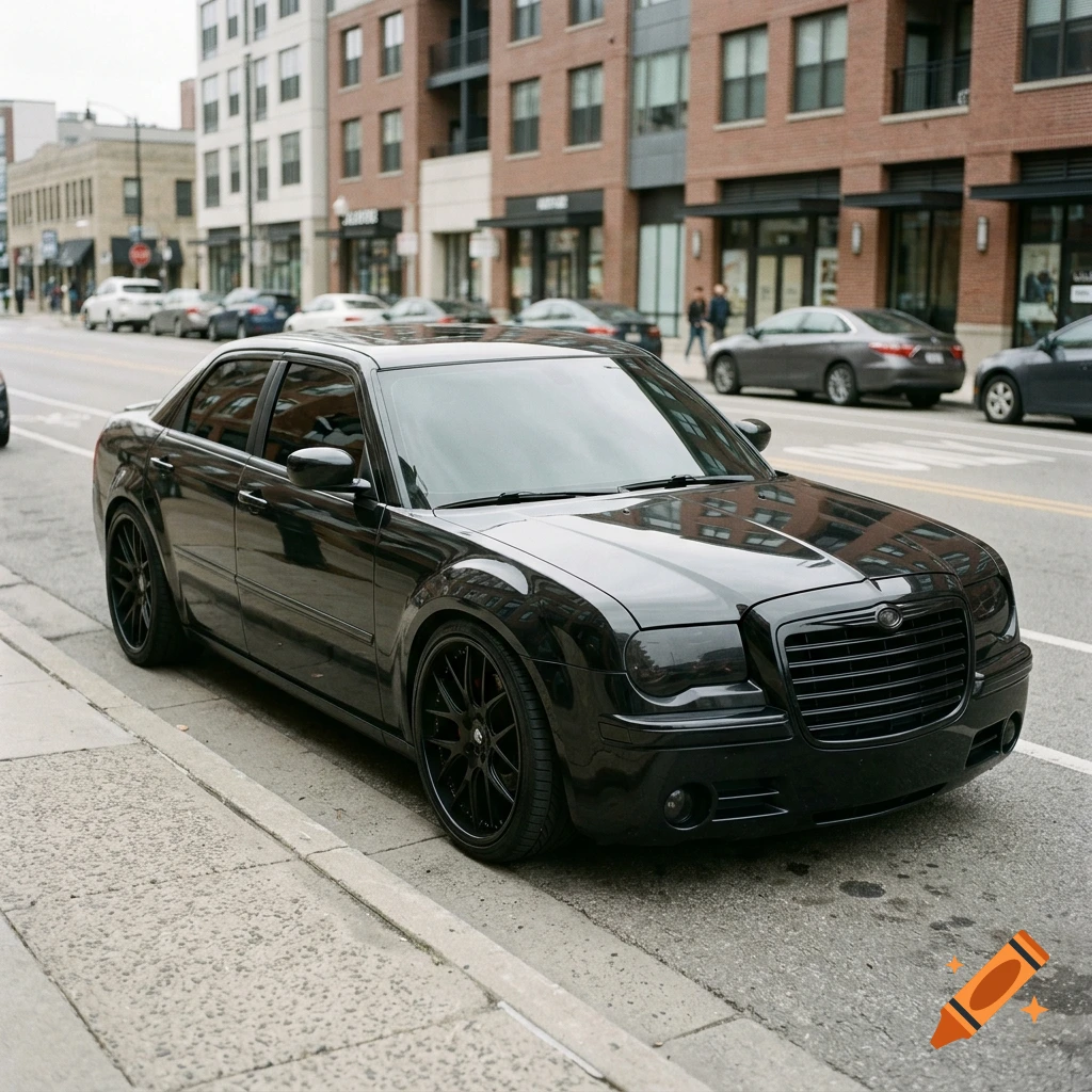 Photorealistic image of a parked black Chrysler 300 with tinted windows and black rims on a city street.