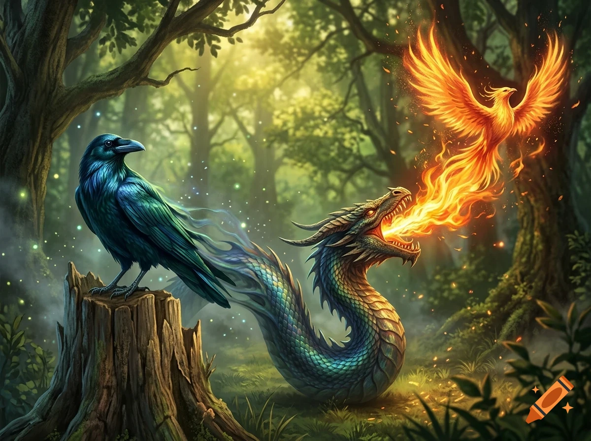 A fantasy creature with a raven head and a scaled serpentine body rests on a tree stump in a forest, facing a fiery phoenix flying above.