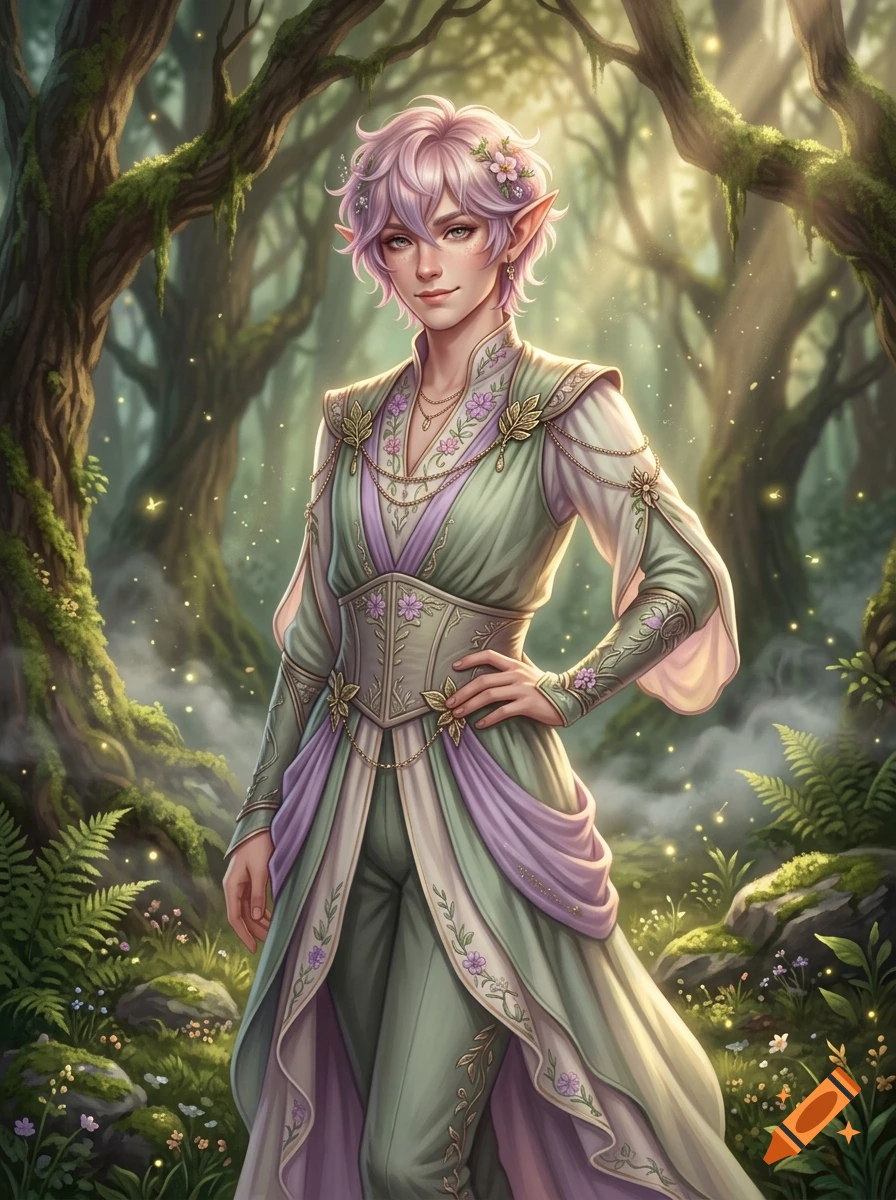 Digital illustration of an elf character with pink hair and green and purple robes standing in a magical forest.