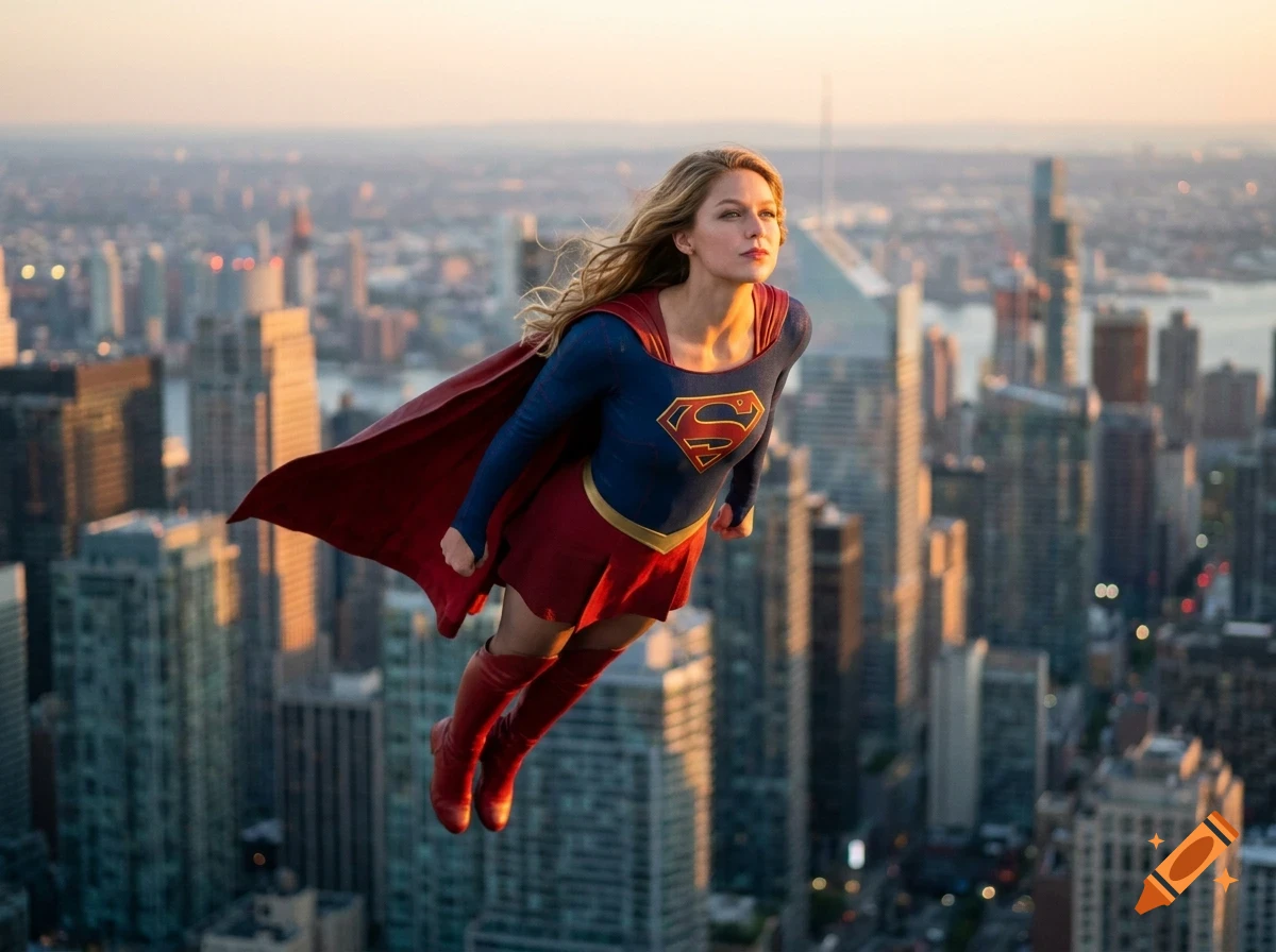 Supergirl flying above a city skyline