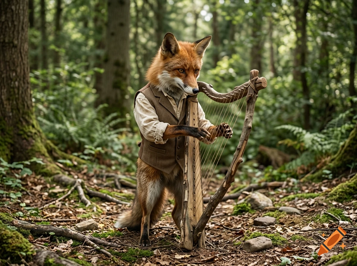 An anthropomorphic red fox wearing a waistcoat, standing in a lush forest and playing a harp made of sticks.
