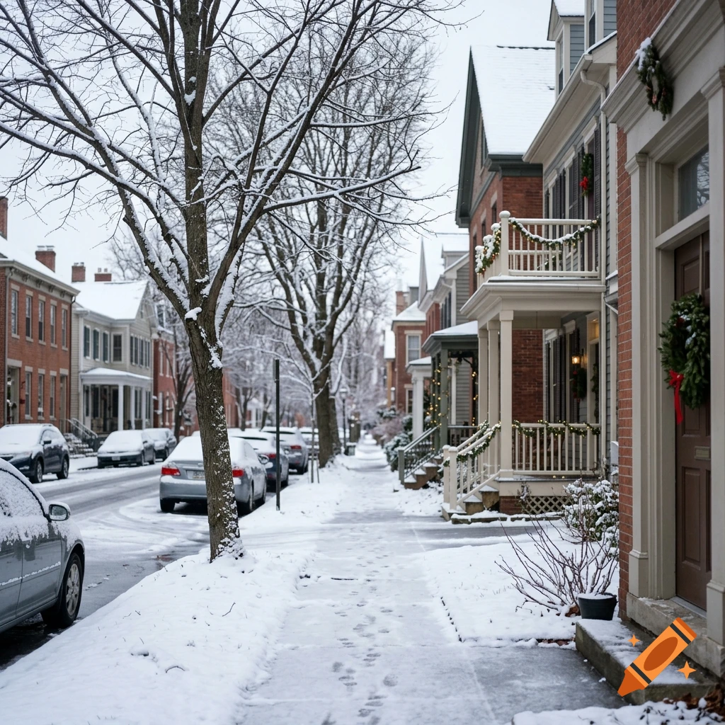 Photorealistic street scene in winter with snow-covered sidewalks, cars, and brick houses decorated with Christmas wreaths.
