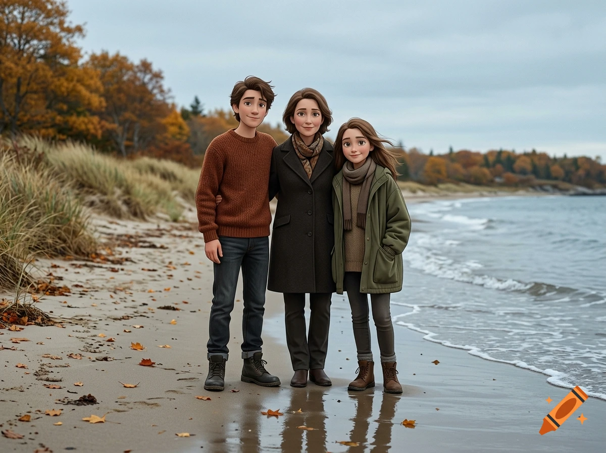 Animated style portrait of a woman, a boy, and a girl standing together on a sandy beach in autumn.