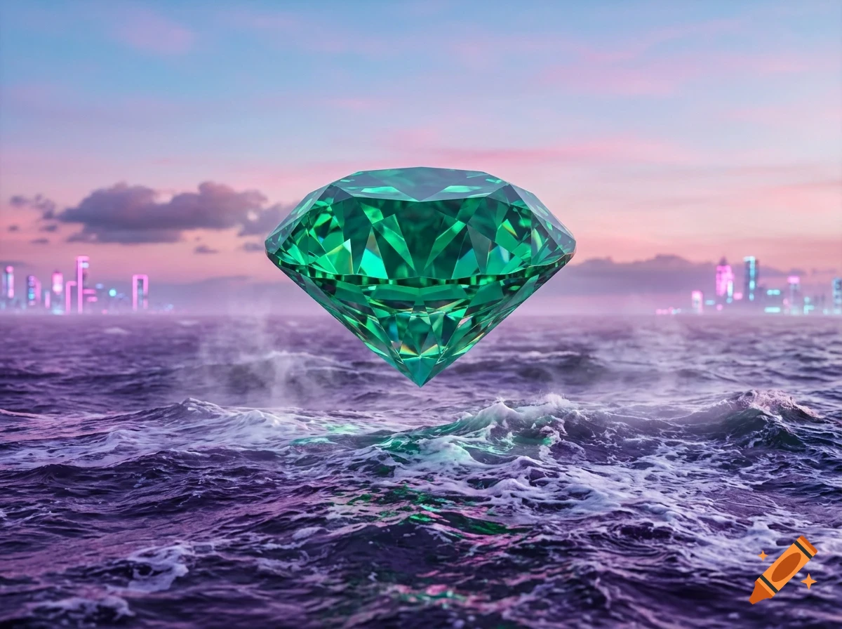 A large green gemstone floats above turbulent purple ocean waves under a pastel pink and blue twilight sky with a distant city skyline.