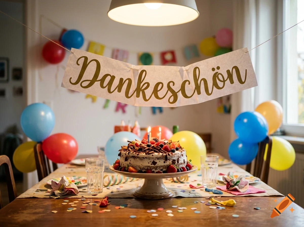 A decorated dining table with a birthday cake, balloons, and a banner reading Dankeschön.
