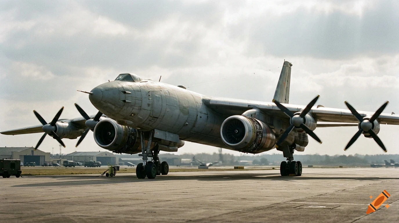 Photorealistic image of a massive military strategic bomber aircraft parked on an airfield under a cloudy sky.
