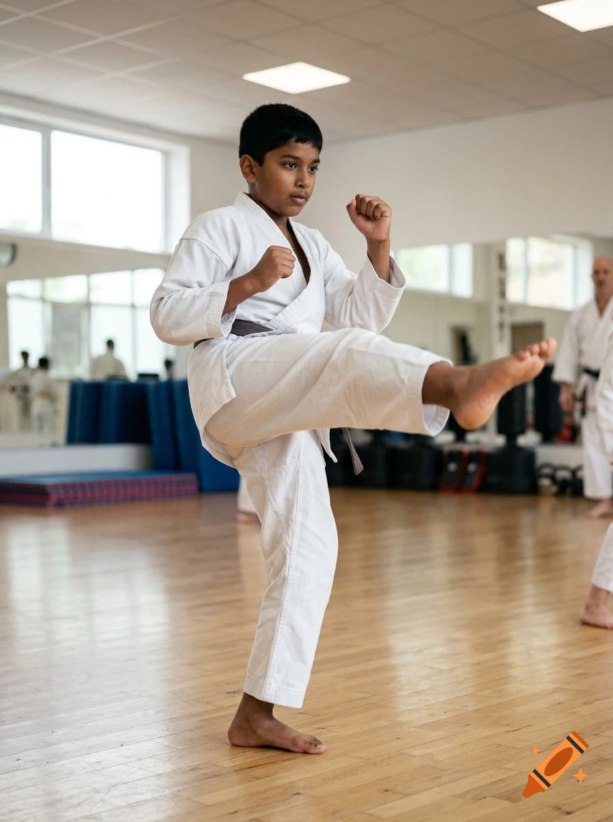 A young boy in a white karate uniform performing a high kick inside a dojo with wooden floors.