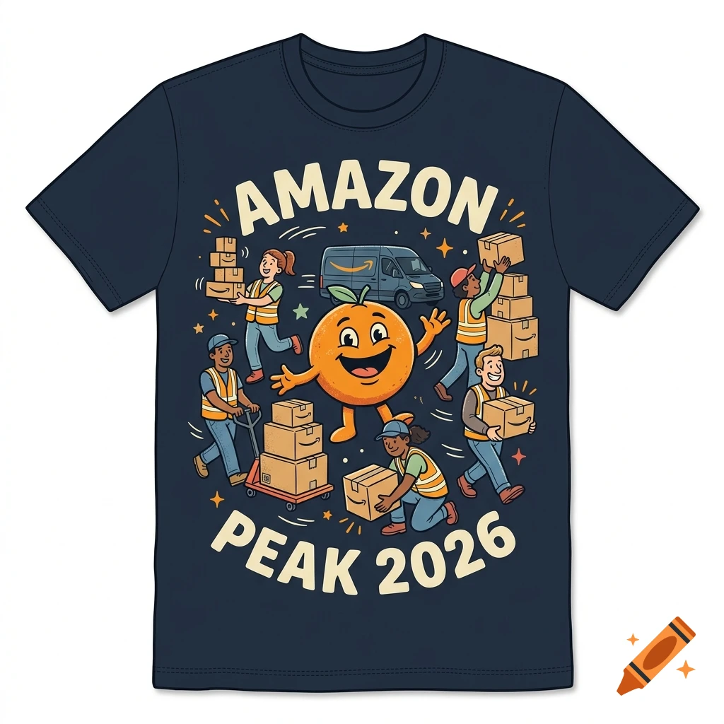 Dark navy blue t-shirt with an illustrated design featuring an orange mascot, people carrying packages, an Amazon delivery van, and text reading AMAZON PEAK 2026.