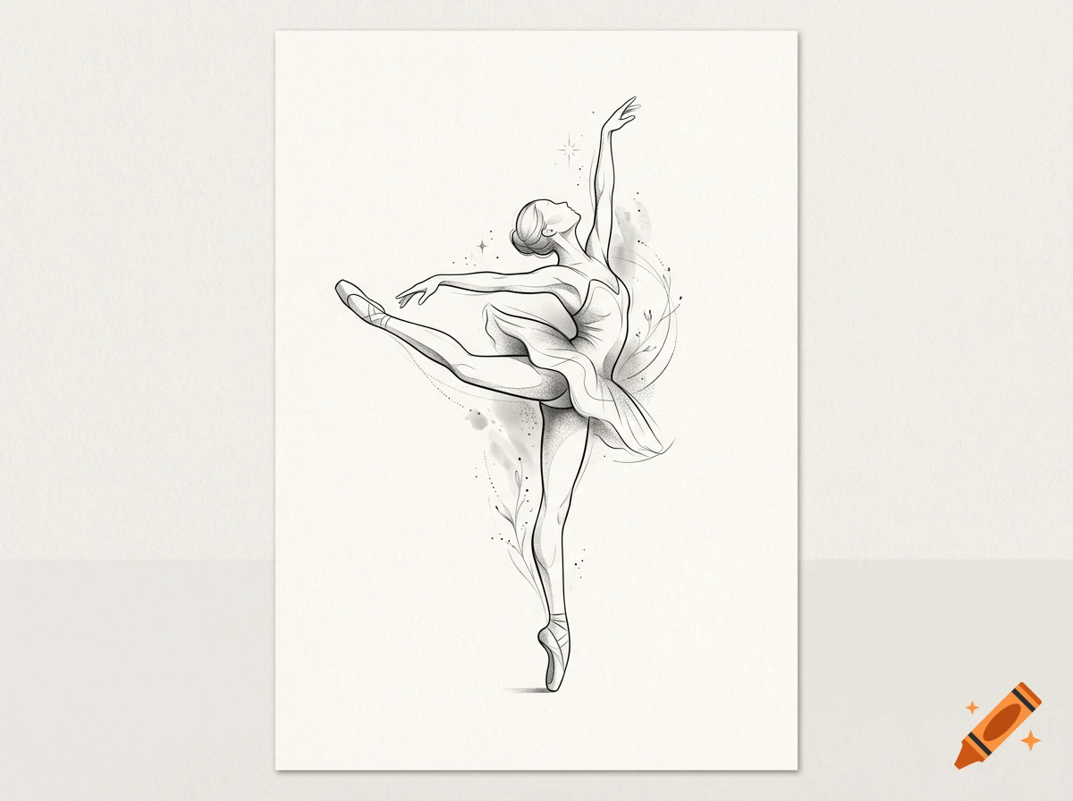 An ink sketch of a graceful ballerina en pointe with delicate floral and starry accents.